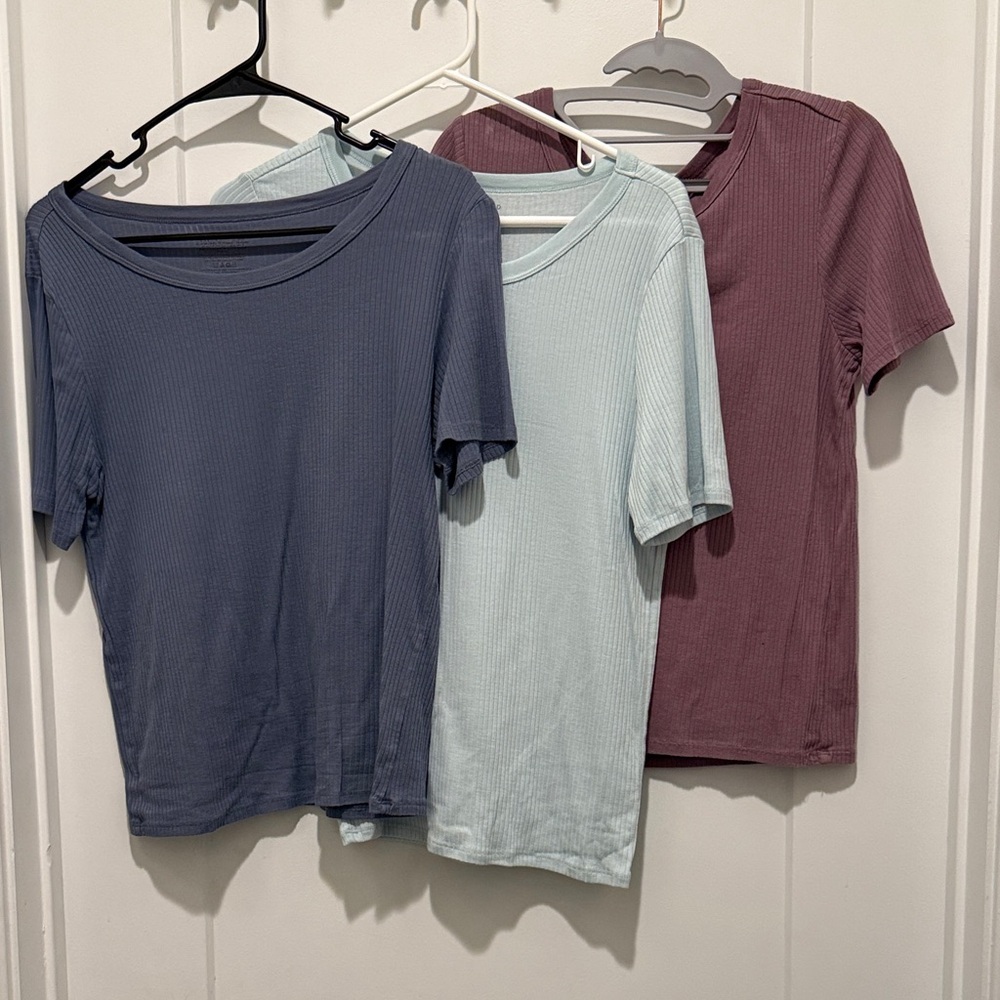 Lucky Brand Short Sleeve Ribbed Tees - Navy, Light Blue, Mauve
